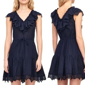 NWT Rebecca Taylor Mariana Navy Ruffle Dress Cotton Viscose Gauze Eyelet V-neck